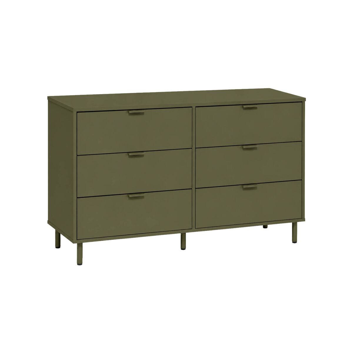 Cómoda de madera y metal con 6 cajones, ellie, verde kaki, 120x40x75 cm