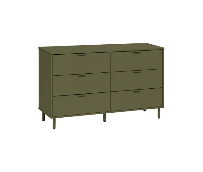 Cómoda de madera y metal con 6 cajones, ellie, verde kaki, 120x40x75 cm