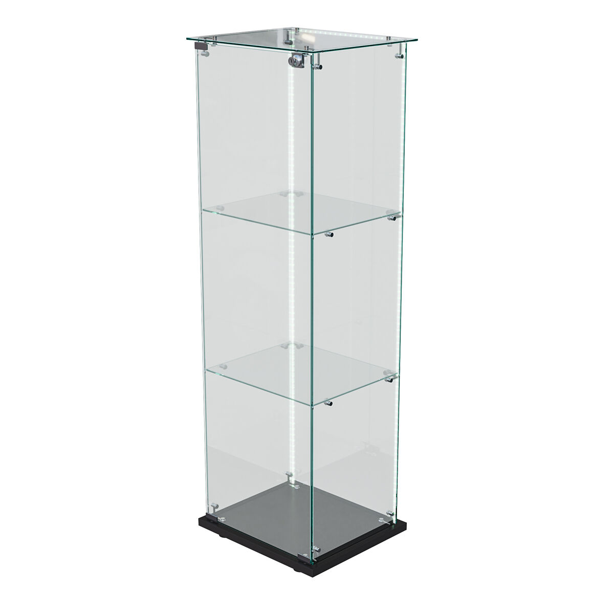 Vitrina de cristal de 3 estantes con puerta individual y tira led, vitrina transparente moderna, color negro.