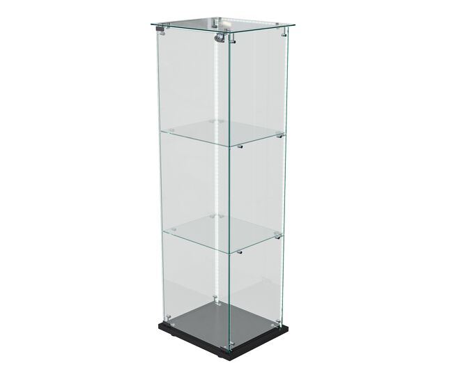 Vitrina de cristal de 3 estantes con puerta individual y tira led, vitrina transparente moderna, color negro.