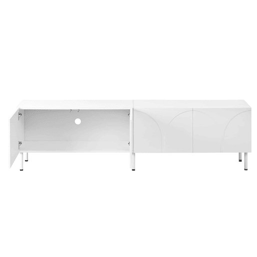 Móvel de TV baixo - linhas curvas tridimensionais, 4 portas, duplo espaço de arrumação e pés metálicos - branco