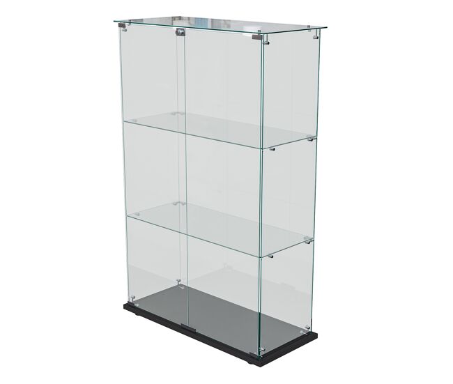 Vitrina de cristal templado de tres niveles y doble puerta con iluminación led táctil, unidad de exhibición moderna, color negro.