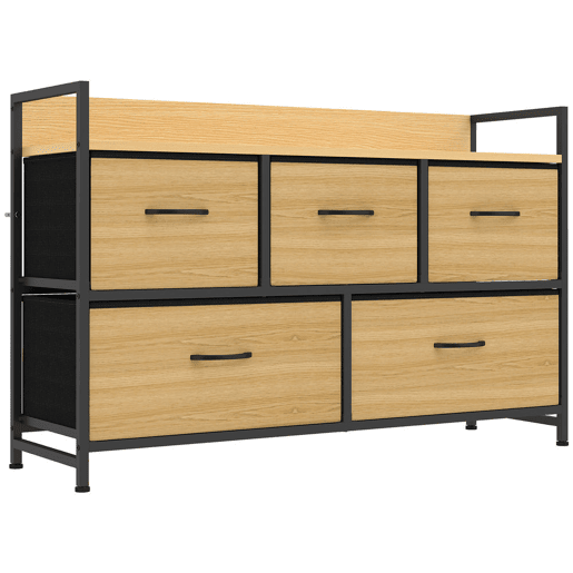 HOMCOM Cómoda de Quarto com 5 Gavetas em Tecido, Estrutura em Aço e Tampo Efeito Madeira, Preto e Carvalho HOMCOM Cómoda de Quarto com 5 Gavetas em Tecido, Estrutura em Aço e Tampo Efeito Madeira, Preto e Carvalho