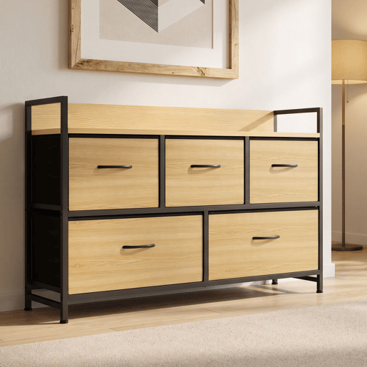 HOMCOM Cómoda de Quarto com 5 Gavetas em Tecido, Estrutura em Aço e Tampo Efeito Madeira, Preto e Carvalho HOMCOM Cómoda de Quarto com 5 Gavetas em Tecido, Estrutura em Aço e Tampo Efeito Madeira, Preto e Carvalho