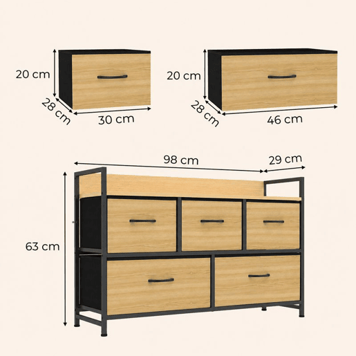 HOMCOM Cómoda de Quarto com 5 Gavetas em Tecido, Estrutura em Aço e Tampo Efeito Madeira, Preto e Carvalho HOMCOM Cómoda de Quarto com 5 Gavetas em Tecido, Estrutura em Aço e Tampo Efeito Madeira, Preto e Carvalho