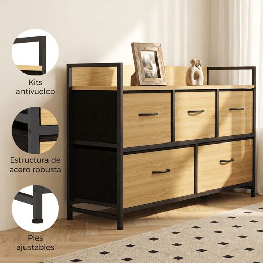 HOMCOM Cómoda de Quarto com 5 Gavetas em Tecido, Estrutura em Aço e Tampo Efeito Madeira, Preto e Carvalho HOMCOM Cómoda de Quarto com 5 Gavetas em Tecido, Estrutura em Aço e Tampo Efeito Madeira, Preto e Carvalho