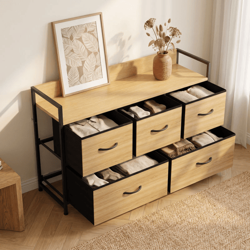 HOMCOM Cómoda de Quarto com 5 Gavetas em Tecido, Estrutura em Aço e Tampo Efeito Madeira, Preto e Carvalho HOMCOM Cómoda de Quarto com 5 Gavetas em Tecido, Estrutura em Aço e Tampo Efeito Madeira, Preto e Carvalho