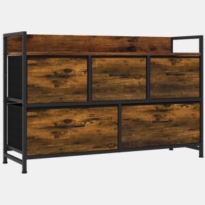 HOMCOM Cómoda de Quarto com 5 Gavetas, Cómoda em Tecido com Estrutura em Aço e Tampo de Madeira, Castanho e Preto