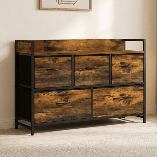 HOMCOM Cómoda de Quarto com 5 Gavetas, Cómoda em Tecido com Estrutura em Aço e Tampo de Madeira, Castanho e Preto HOMCOM Cómoda de Quarto com 5 Gavetas, Cómoda em Tecido com Estrutura em Aço e Tampo de Madeira, Castanho e Preto