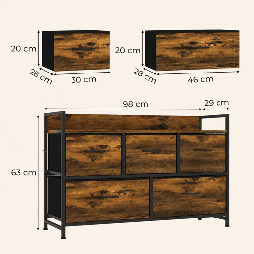 HOMCOM Cómoda de Quarto com 5 Gavetas, Cómoda em Tecido com Estrutura em Aço e Tampo de Madeira, Castanho e Preto HOMCOM Cómoda de Quarto com 5 Gavetas, Cómoda em Tecido com Estrutura em Aço e Tampo de Madeira, Castanho e Preto
