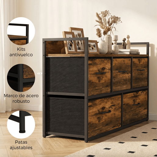 HOMCOM Cómoda de Quarto com 5 Gavetas, Cómoda em Tecido com Estrutura em Aço e Tampo de Madeira, Castanho e Preto HOMCOM Cómoda de Quarto com 5 Gavetas, Cómoda em Tecido com Estrutura em Aço e Tampo de Madeira, Castanho e Preto