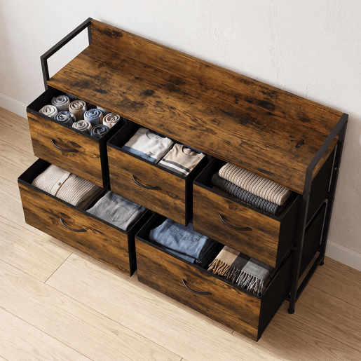HOMCOM Cómoda de Quarto com 5 Gavetas, Cómoda em Tecido com Estrutura em Aço e Tampo de Madeira, Castanho e Preto HOMCOM Cómoda de Quarto com 5 Gavetas, Cómoda em Tecido com Estrutura em Aço e Tampo de Madeira, Castanho e Preto