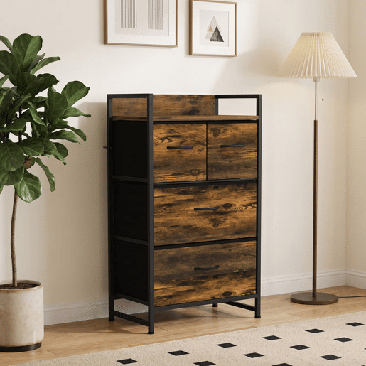 HOMCOM Cómoda com 4 Gavetas em Tecido, Prateleira Superior e Estrutura Metálica para Quarto, Sala ou Entrada, Castanho Rústico HOMCOM Cómoda com 4 Gavetas em Tecido, Prateleira Superior e Estrutura Metálica para Quarto, Sala ou Entrada, Castanho Rústico