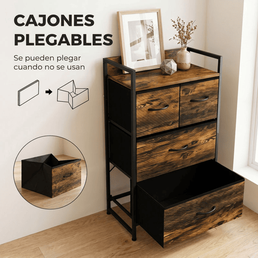 HOMCOM Cómoda com 4 Gavetas em Tecido, Prateleira Superior e Estrutura Metálica para Quarto, Sala ou Entrada, Castanho Rústico HOMCOM Cómoda com 4 Gavetas em Tecido, Prateleira Superior e Estrutura Metálica para Quarto, Sala ou Entrada, Castanho Rústico