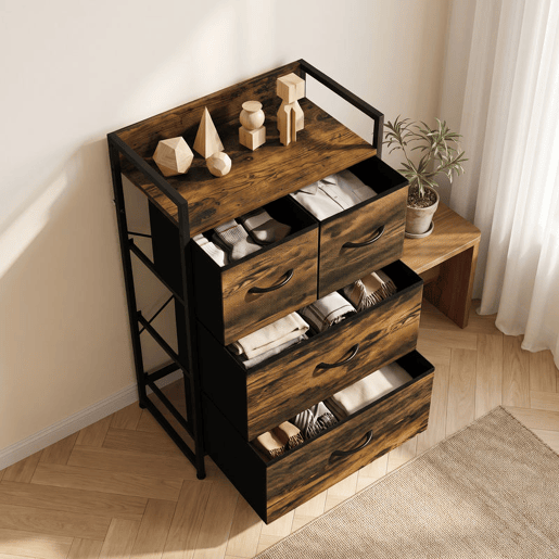 HOMCOM Cómoda com 4 Gavetas em Tecido, Prateleira Superior e Estrutura Metálica para Quarto, Sala ou Entrada, Castanho Rústico HOMCOM Cómoda com 4 Gavetas em Tecido, Prateleira Superior e Estrutura Metálica para Quarto, Sala ou Entrada, Castanho Rústico