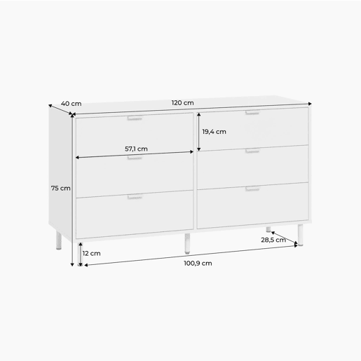 Cómoda em madeira e metal, 6 gavetas, Ellie, Bege, 120x40x75 cm Cómoda em madeira e metal, 6 gavetas, Ellie, Bege, 120x40x75 cm