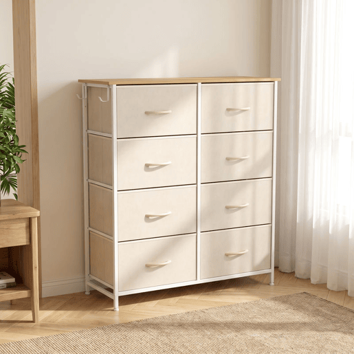 HOMCOM Cómoda de Quarto com 8 Gavetas em Tecido, Móvel Alto de Arrumação com 4 Bolsos, 2 Ganchos e Estrutura em Aço, Bege HOMCOM Cómoda de Quarto com 8 Gavetas em Tecido, Móvel Alto de Arrumação com 4 Bolsos, 2 Ganchos e Estrutura em Aço, Bege