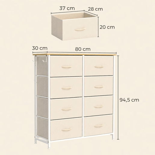 HOMCOM Cómoda de Quarto com 8 Gavetas em Tecido, Móvel Alto de Arrumação com 4 Bolsos, 2 Ganchos e Estrutura em Aço, Bege HOMCOM Cómoda de Quarto com 8 Gavetas em Tecido, Móvel Alto de Arrumação com 4 Bolsos, 2 Ganchos e Estrutura em Aço, Bege