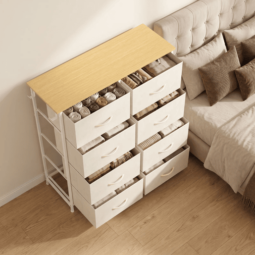 HOMCOM Cómoda de Quarto com 8 Gavetas em Tecido, Móvel Alto de Arrumação com 4 Bolsos, 2 Ganchos e Estrutura em Aço, Bege HOMCOM Cómoda de Quarto com 8 Gavetas em Tecido, Móvel Alto de Arrumação com 4 Bolsos, 2 Ganchos e Estrutura em Aço, Bege
