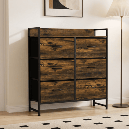 HOMCOM Cómoda de Quarto com 6 Gavetas, Cómoda de Tecido com Estrutura de Aço e Tampo de Madeira, Castanho e Preto HOMCOM Cómoda de Quarto com 6 Gavetas, Cómoda de Tecido com Estrutura de Aço e Tampo de Madeira, Castanho e Preto