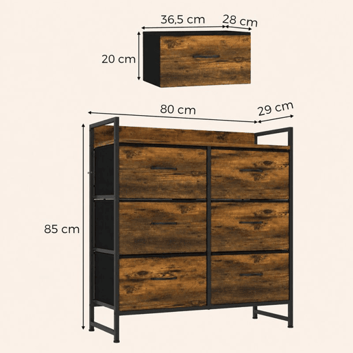 HOMCOM Cómoda de Quarto com 6 Gavetas, Cómoda de Tecido com Estrutura de Aço e Tampo de Madeira, Castanho e Preto HOMCOM Cómoda de Quarto com 6 Gavetas, Cómoda de Tecido com Estrutura de Aço e Tampo de Madeira, Castanho e Preto
