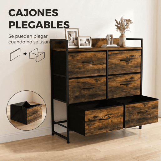 HOMCOM Cómoda de Quarto com 6 Gavetas, Cómoda de Tecido com Estrutura de Aço e Tampo de Madeira, Castanho e Preto HOMCOM Cómoda de Quarto com 6 Gavetas, Cómoda de Tecido com Estrutura de Aço e Tampo de Madeira, Castanho e Preto
