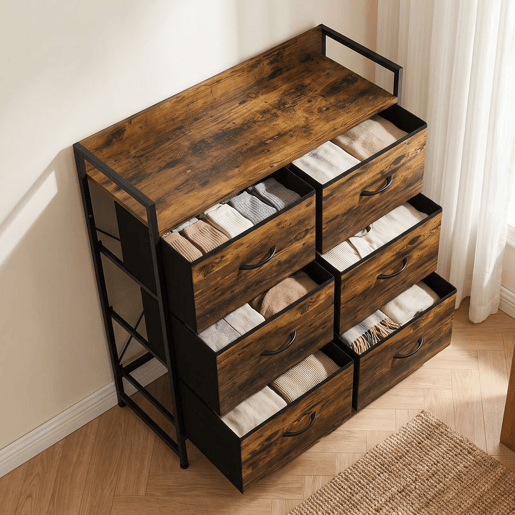 HOMCOM Cómoda de Quarto com 6 Gavetas, Cómoda de Tecido com Estrutura de Aço e Tampo de Madeira, Castanho e Preto HOMCOM Cómoda de Quarto com 6 Gavetas, Cómoda de Tecido com Estrutura de Aço e Tampo de Madeira, Castanho e Preto