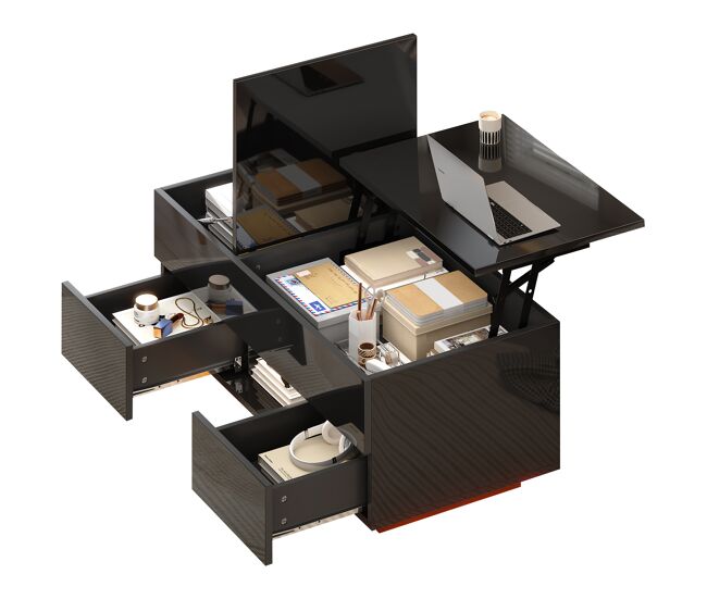 Mesa de centro elevable rectangular de panel de partículas con luz led,negro