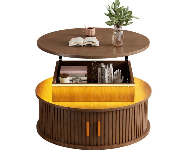 Mesa de centro elevable redonda de mdf con luz led,madera oscura