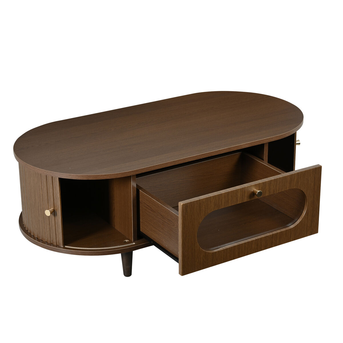 mesa de centro ovalada de mdf con 1 cajonmadera oscura