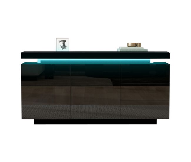 Aparador de panel de partículas con 2 puertas,3 cajones y luz led,negro