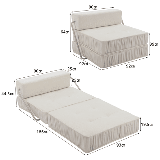 Sofá-cama dobrável de 1 lugar - poltrona convertível, futon, colchão de chão, almofada traseira removível - branco Sofá-cama dobrável de 1 lugar - poltrona convertível, futon, colchão de chão, almofada traseira removível - branco