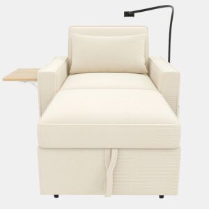 Sofá-cama multifuncional de 1 lugar - com porta USB, suporte para telemóvel, tecido de veludo cotelê, bege