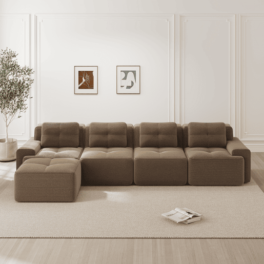 Sofá modular de 4 lugares - Boneless, chaise longue L, assento profundo, antiderrapante - Castanho Sofá modular de 4 lugares - Boneless, chaise longue L, assento profundo, antiderrapante - Castanho
