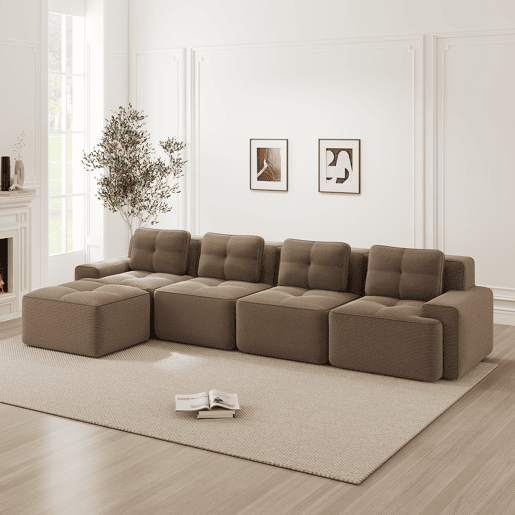 Sofá modular de 4 lugares - Boneless, chaise longue L, assento profundo, antiderrapante - Castanho Sofá modular de 4 lugares - Boneless, chaise longue L, assento profundo, antiderrapante - Castanho