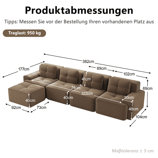 Sofá modular de 4 lugares - Boneless, chaise longue L, assento profundo, antiderrapante - Castanho Sofá modular de 4 lugares - Boneless, chaise longue L, assento profundo, antiderrapante - Castanho