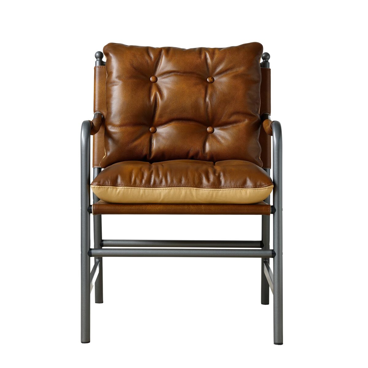 Sillón de cuero 60 x 62 x 90 cm - estilo mid century moderno con reposabrazos y estructura metálica - marrón