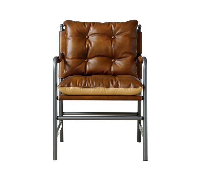 Sillón de cuero 60 x 62 x 90 cm - estilo mid century moderno con reposabrazos y estructura metálica - marrón