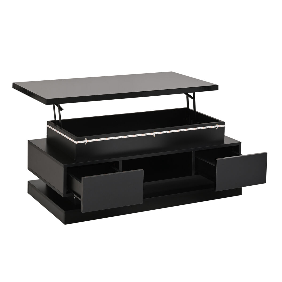 mesa de centro elevable rectangular de panel de particulas con luz lednegro