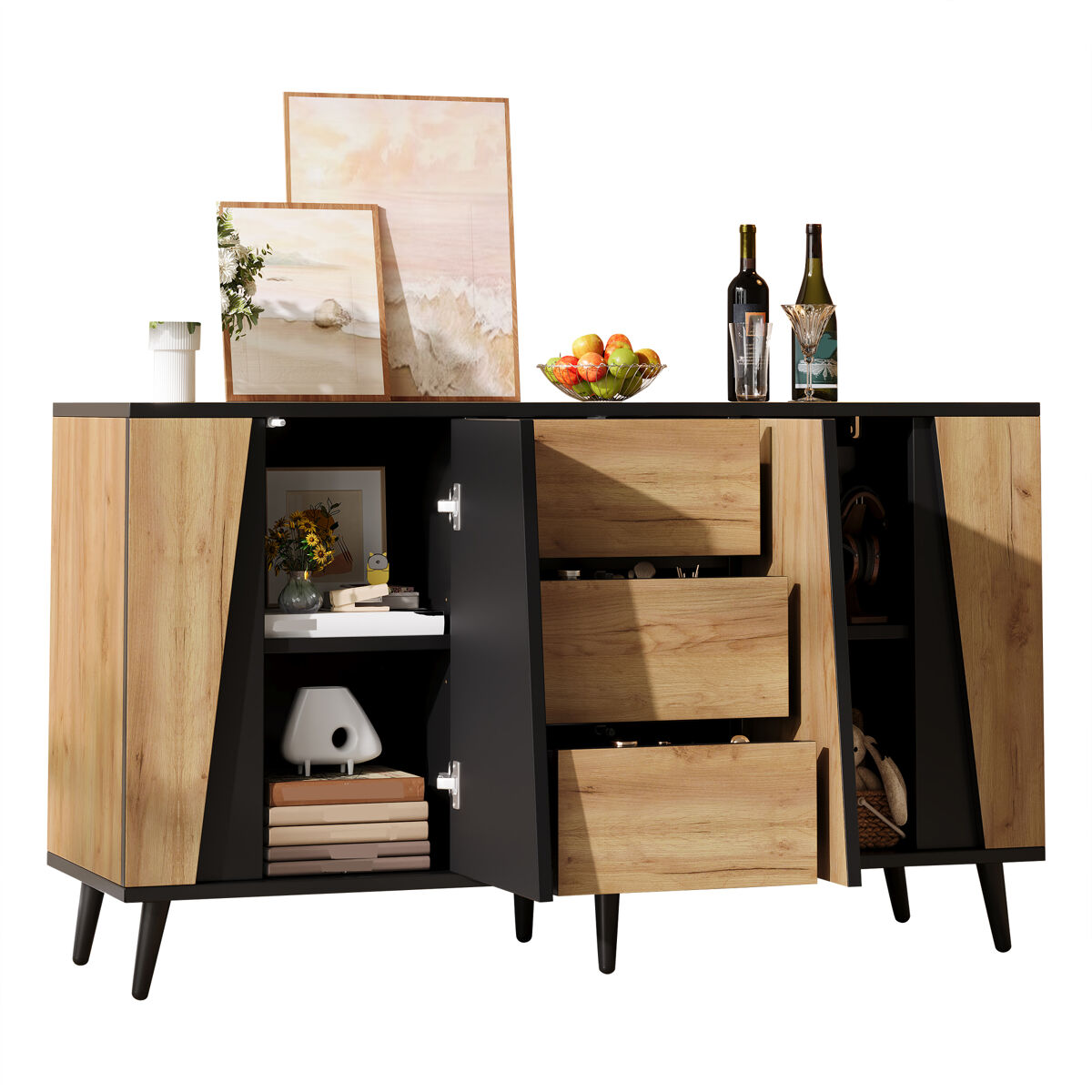 Aparador de mdf con 4 puertas y 3 cajones,madera+negro