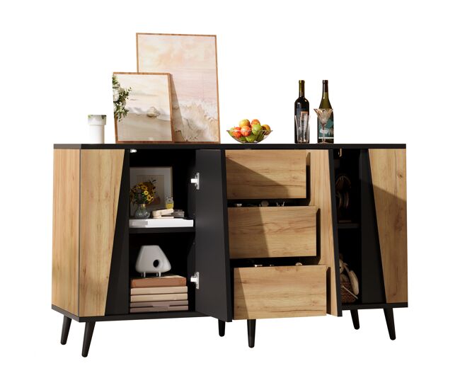 Aparador de mdf con 4 puertas y 3 cajones,madera+negro