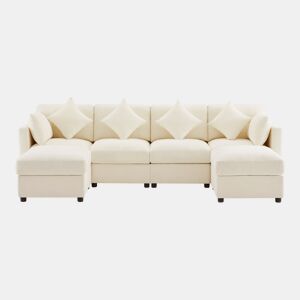 Sofá modular de 6 lugares - UL convertível, chenille, 2 pufes, braços ajustáveis, 4 almofadas e 2 apoios de cabeça - Bege