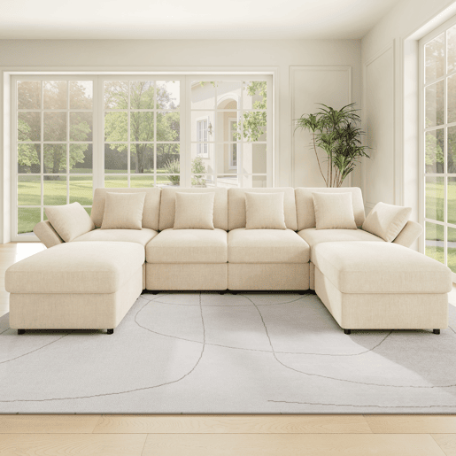 Sofá modular de 6 lugares - UL convertível, chenille, 2 pufes, braços ajustáveis, 4 almofadas e 2 apoios de cabeça - Bege Sofá modular de 6 lugares - UL convertível, chenille, 2 pufes, braços ajustáveis, 4 almofadas e 2 apoios de cabeça - Bege