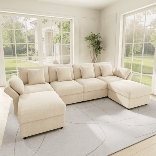 Sofá modular de 6 lugares - UL convertível, chenille, 2 pufes, braços ajustáveis, 4 almofadas e 2 apoios de cabeça - Bege Sofá modular de 6 lugares - UL convertível, chenille, 2 pufes, braços ajustáveis, 4 almofadas e 2 apoios de cabeça - Bege