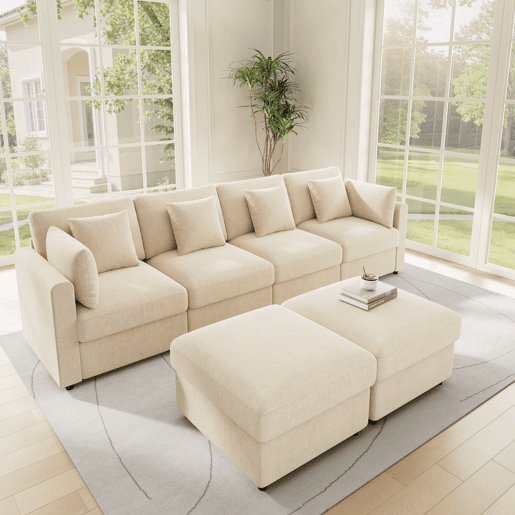 Sofá modular de 6 lugares - UL convertível, chenille, 2 pufes, braços ajustáveis, 4 almofadas e 2 apoios de cabeça - Bege Sofá modular de 6 lugares - UL convertível, chenille, 2 pufes, braços ajustáveis, 4 almofadas e 2 apoios de cabeça - Bege