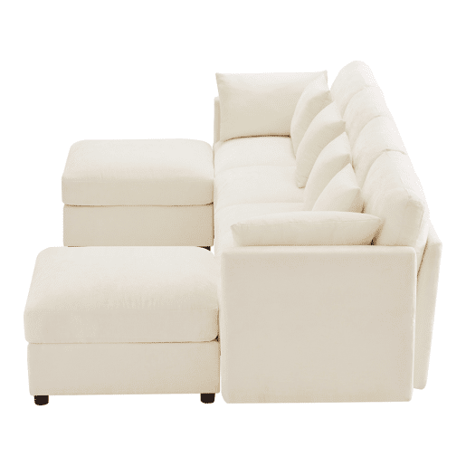 Sofá modular de 6 lugares - UL convertível, chenille, 2 pufes, braços ajustáveis, 4 almofadas e 2 apoios de cabeça - Bege Sofá modular de 6 lugares - UL convertível, chenille, 2 pufes, braços ajustáveis, 4 almofadas e 2 apoios de cabeça - Bege