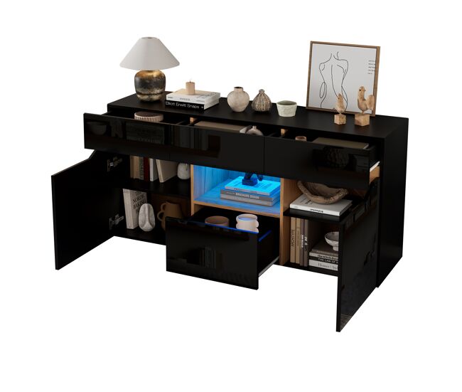 Aparador de panel de partículas con 2 puertas,4 cajones y luz led,negro