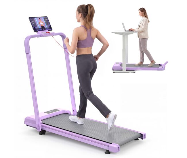 Cinta de correr 112,5×50×93,5 cm - 2 en 1 compacta portátil con inclinación, hasta 120 kg - morado