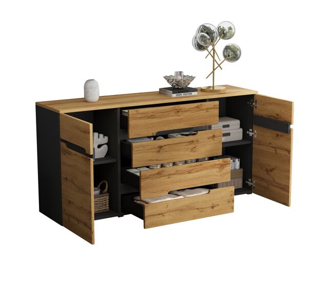 Aparador de panel de partículas con 2 puertas y 4 cajones,madera+negro