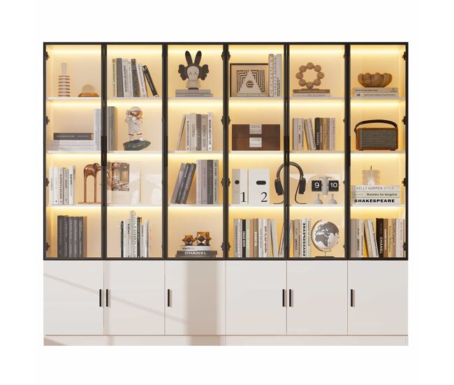Vitrina 240x32x200 cm - con led y 12 puertas, alta - blanca